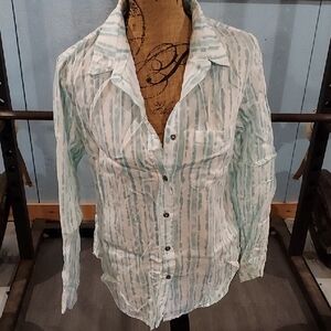 Lightweight Button-Up Striped Sheer Blouse in Mint and White